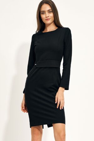 biznesowa sukienka z ozdobnym pasem  w talii - czarna