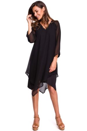 czarna asymetryczna sukienka dwuwarstwowa z dzwonkowym rękawem