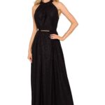 brokatowa maxi sukienka z dekoltem typu halter - czarna