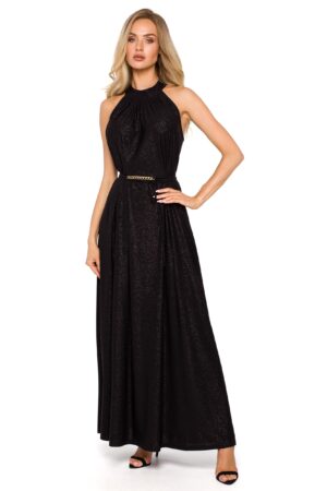 brokatowa maxi sukienka z dekoltem typu halter - czarna