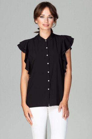 czarna koszulowa bluzka z falbankowym rękawem