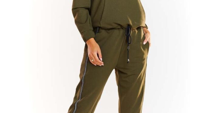 khaki krótka bluza z kapturem z błyszczącą tasiemką
