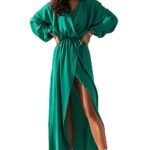 efektowna maxi sukienka z długim rozcięciem - zielona
