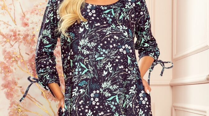 luźna wzorzysta sukienka w miętowe liście na ciemnym tle