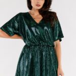 ołówkowa błyszcząca sukienka z wiązaniem - zielona