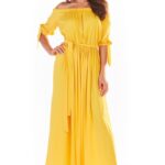 długa sukienka z hiszpańskim dekoltem - żółta