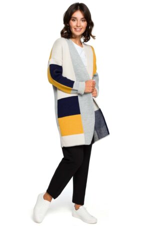 granatowy dłuższy sweter kardigan w kolorowe prostokąty
