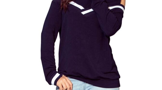 granatowa bluza typu cold shoulder z kontrastowymi lamówkami