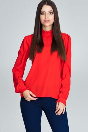 czerwona bluzka ze stójką z riuszką