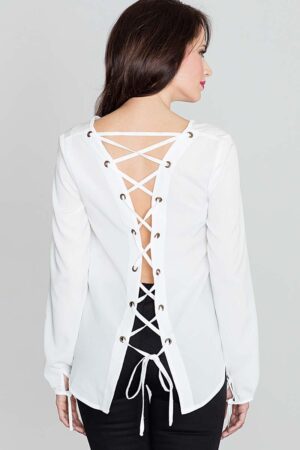 modna ecru bluzka z dekoltem „v” sznurowana na plecach