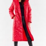długi pikowany płaszcz z kapturem - czerwony