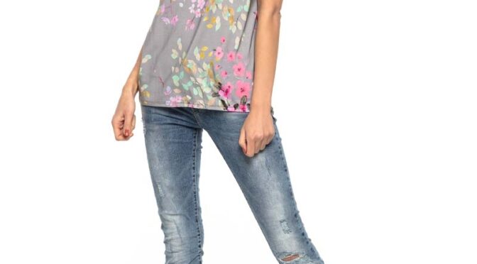 jasnoszara t-shirtowa bluzka z przodem w kwiatki