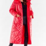 pikowany damski płaszcz z kapturem - czerwony