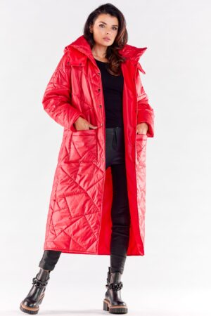 pikowany damski płaszcz z kapturem - czerwony