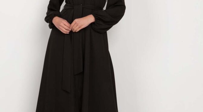 koszulowa sukienka maxi z bufiastym rękawem – czarna