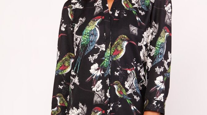 elegancka wzorzysta koszula w ptaki ze stojką z rękawem ¾