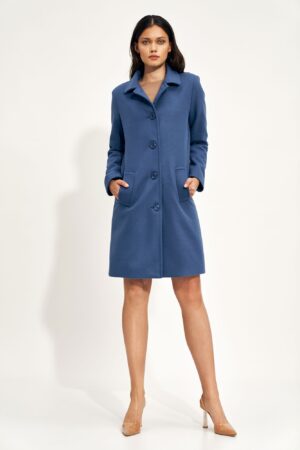 krótki jednorzędowy płaszcz z wełną - niebieski
