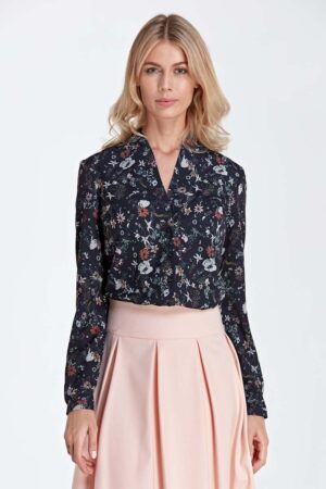 elegancka koszulowa bluzka z dekoltem w szpic - wzór ecru