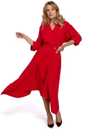 czerwona asymetryczna rozkloszowana sukienka z kopertowym dekoltem