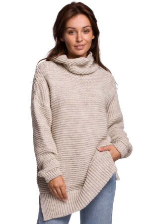 damski sweter oversize z golfem  - beżowy