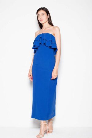 niebieska sukienka długa elegancka z falbankami
