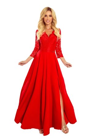 długa rozkloszowana sukienka z koronką - czerwona