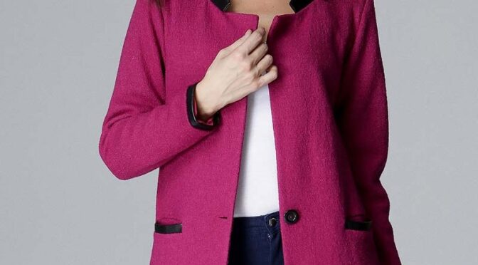 fuksja elegancka kurtka na stójce z detalami z eko-skóry