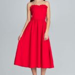 czerwona wieczorowa midi sukienka gorsetowa z falbankami