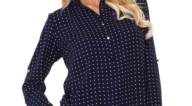 granatowa koszulowa bluzka w typie polo w kropki