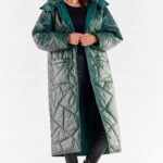pikowany damski płaszcz z kapturem - zielony