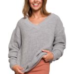 klasyczny sweter z dekoltem w szpic - szary
