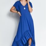 letnia sukienka z asymetryczną falbanką - niebieska