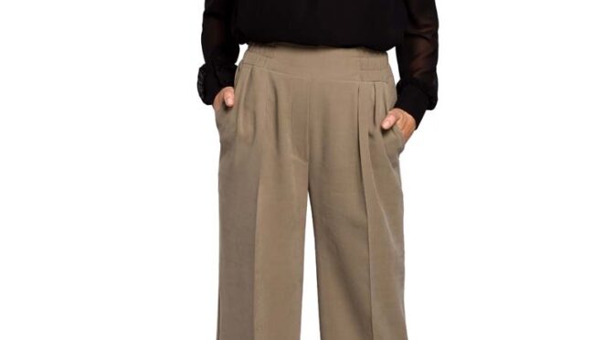 khaki stylowe spodnie na gumie z szerokimi nogawkami.