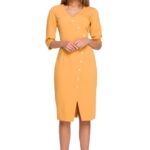 dopasowana sukienka z asymetrycznymi guzikami - żółta