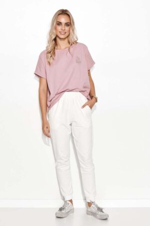 oversizowa bluzka bawełniana z aplikacją - różowa