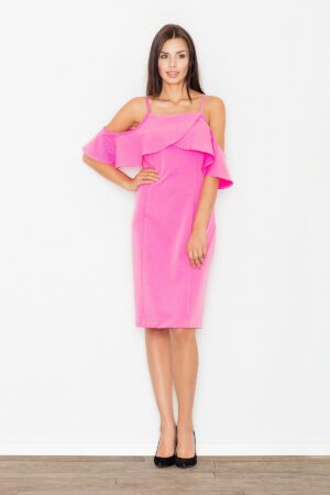 elegancka różowa sukienka mini z falbanką przy dekolcie