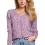 krótki ażurowy sweter z dekoltem v - liliowy
