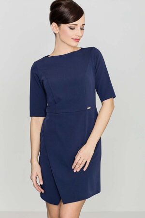 niebieska elegancka sukienka z asymetrycznym rozporkiem