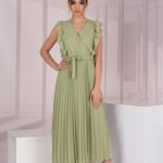 elegancka plisowana sukienka z kopertowym dekoltem - oliwkowa