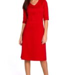 czerwona sukienka midi o kroju litery a z rękawami do łokcia