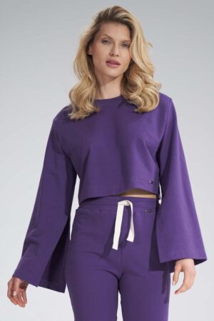 krótka bawełniana bluza z szerokim rozciętym rękawem - fioletowa